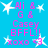A static image with a bright blue background featuring repeated pink text and white star shapes.