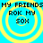 Four identical circular icons with yellow concentric rings on a cyan background, each containing black pixelated text reading "MY FRIENDS ROK MY 50X".