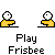 Pixelated yellow figures with white circular heads play Frisbee; red Frisbee moves between single and paired figures across frames.