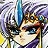 Pixelated close-up of a character with light skin, dark hair, and blue eyes, wearing a dark headpiece with a blue vertical accent, against a blurred background with purple and yellow tones.