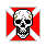 Pixelated skull icon with red cross background, black eye sockets and teeth, green accents on temples, white bone texture.