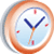 Circular clock icon with orange border, blue hands, and red hour markers on light blue background.