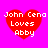 Four identical red heart-shaped icons with white text on a bright pink background, each displaying 'John Cena Loves Abby' in pixelated font.