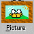 Pixelated image of two yellow figures with large white eyes on a green hill under light blue sky, framed by brown border with "Picture" text below.