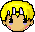 Pixel art of a character with yellow hair and purple eyes, shown in two expressions: one with open eyes and tears, the other winking.
