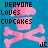 Blue background with pink cupcake and crossed bones, text 'EVERYONE LOVES CUPCAKES' in black and multicolored letters, 'JC' below.