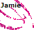 Pixelated icon with 'Jamie' text in multicolored block letters above pink and purple abstract shapes on white background.