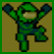 Pixelated green and blue animated character with raised arms in two sequential frames showing leg movement against a brown background.