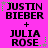 Pixelated text displays 'JUSTIN BIEBER + JULIA ROSE' on a bright pink background with green and gray star-like accents.