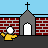 Pixel art animation of a yellow stick figure entering a church, shown across multiple frames in a contact sheet layout with text overlay at bottom right.