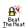 Pixel art animation of a yellow stick figure holding red meat with blood splatters, displayed in an 8-frame contact sheet with "Beat The Meat" text below each frame.