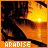 A pixelated sunset scene with orange and yellow hues over water, featuring dark tree silhouettes and the word 'PARADISE' in blocky text at the bottom.