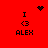 Red background displays four identical pixelated text blocks with 'I <3 ALEX' and animated heart or starburst symbols above them.