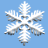 Pixelated snowflake icon with six symmetrical arms on solid light blue background, rendered in white and gray tones.