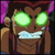 Pixelated cartoon character with glowing green eyes and a wide grin next to red "TEEN TITANS" text on a gray background.