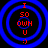 Four identical circular icons with blue concentric rings and red text on black background, each displaying 'I 50 OWH U :)'.