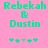 Pixelated green text on pink background reads "Rebekah & Dustin" with five flower symbols below, two versions differ in flower color sequence.