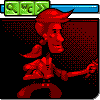 Pixel art of a red-skinned character with spiky hair, wearing a sleeveless shirt and pants, holding an object in the right hand against a black background.