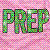 Static pixel art icon featuring large green block letters spelling "PREP" on a pink checkered background with subtle purple and beige tones.