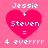 Pixelated pink heart with white text 'Jessie + Steven = 4 everrrr' on a solid pink background, displayed in four identical