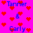Pixelated icon with bright pink background, red heart symbols scattered throughout, blue text reading "Tanner & Carly Tanner" in multiple positions.