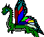 Green dragon with blue-spotted wings in pixel art style, wings display changing color patterns across frames.