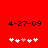 Red background with black text '4-27-09' above five white and pink pixelated heart icons, two versions showing animation changes.