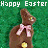 Two chocolate bunny icons with pink bows and yellow eggs on a green background, one saying "Happy Easter" and the other asking "what?"