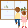 Two children stand before a window, watching snow fall outside; the boy in yellow and blue, girl in pink with red shoes.