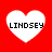 Four white heart shapes on a red background, each containing the text LINDSEY in black pixelated font.