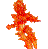 A pixelated figure in dynamic pose with outstretched arms and legs, rendered in warm reds, oranges, and yellows against a solid gray background.