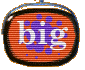 Two side-by-side rounded square icons with orange striped backgrounds, black borders, and blue top accents; left icon shows white text 'big' over purple dots, right icon displays blurred purple motion effect.