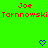 Green background with red pixelated text 'Joe Tarnnowski' repeated twice, two blue heart symbols at bottom center and right.
