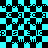 Pixelated black and cyan checkerboard pattern with repeating abstract shapes in each square.