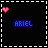 Pixelated blue text 'ARIEL' on black background with pink heart and red dot animations in top-left corner.