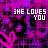 A repeating pattern of pink and purple heart shapes with pixelated text reading "SHE LOVES YOU" or "HE LOVES YOU" in white, set against a dark background.