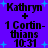 Pixelated text displays 'Kathryn + 1 Corinthians 10:31' on a purple background with blue starbursts, repeated in a
