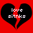 Two identical pixelated black broken hearts on red background with white text 'love sitnks' inside each heart.