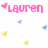Pixelated pink text 'Lauren' with a heart symbol, surrounded by small colored pixel clusters on white background.