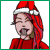 Pixelated character in red Santa hat and red top with pink hair, showing mouth and heart animations.