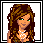 Pixel art of a female character with long brown hair, green eyes, and a heart-shaped necklace, shown in three with clothing details and text below