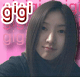 A person with long brown hair wearing a dark top appears in a of six with pink and gray backgrounds, some displaying 'gigi' text