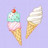 Two pixelated ice cream cones on a light purple background, one with mint green and pink scoops topped by a red cherry, the other with white scoop.