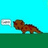 Pixelated dinosaur with brown body and red spots stands on green ground against cyan background, speech bubble visible.