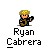 A 4x4 contact sheet of a pixel art animated icon featuring Ryan Cabrera with a guitar, showing text bubbles and animation frames.