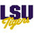 Pixelated graphic showing large dark blue letters 'LSU' above yellow script text on a white background.