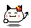Pixel art character with white body, black cat ears, pink cheeks, red bow with yellow center, and small tail; four variations show hand position changes.
