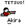 Animated contact sheet of 14 pixel art frames showing a character performing actions with weapons and transformations, labeled "Akira" and "TETSUO!" or "KENADA!" text above each frame.
