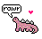 Pixelated pink dinosaur with gray spikes emits 'RAWR' text in speech bubble, accompanied by small red heart symbol.