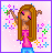 Pixelated cartoon girl with long brown hair in pink top and blue pants, surrounded by colorful starbursts on pink background.